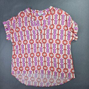 Fate Blouse Womens Medium Purple Red Geometric V Neck Short Sleeve High Low